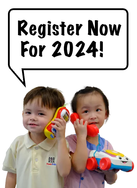 Two PowerKids students on a toy telephone, with a speech bubble reading: Register now for 2024!