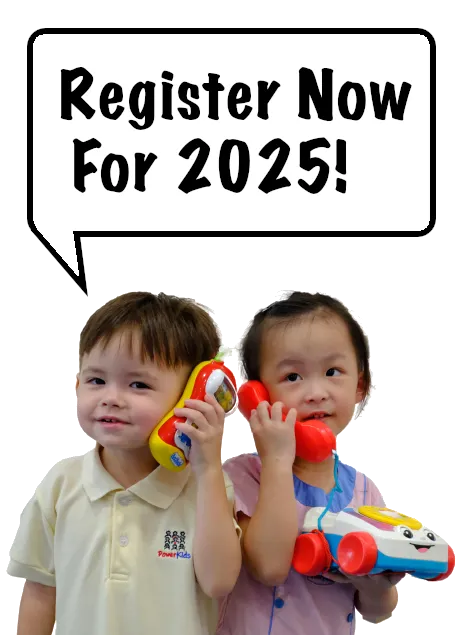 Two PowerKids students on a toy telephone, with a speech bubble reading: Register now for 2025!